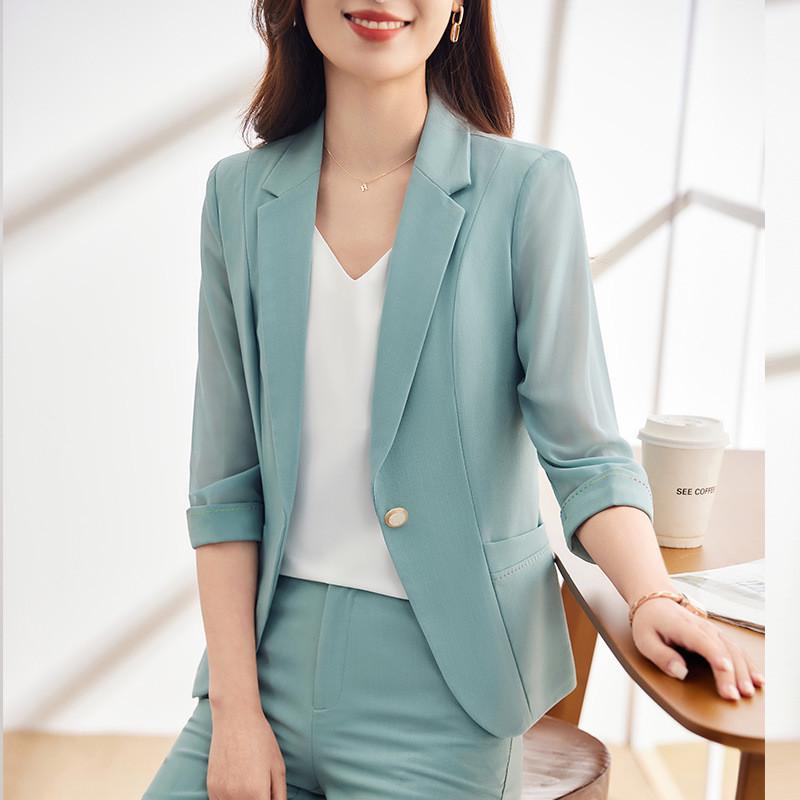 职业套装女春夏薄款时尚气质轻熟风绿色七分袖工作服雪纺