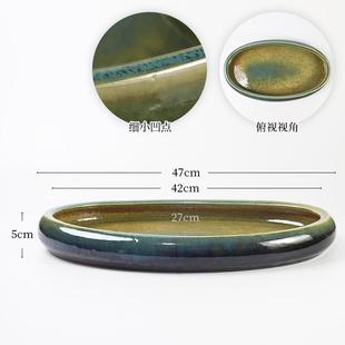 花道插花开片大盘禅意花器 器蓝花墨陶瓷手作写景窑变椭圆花盘日式