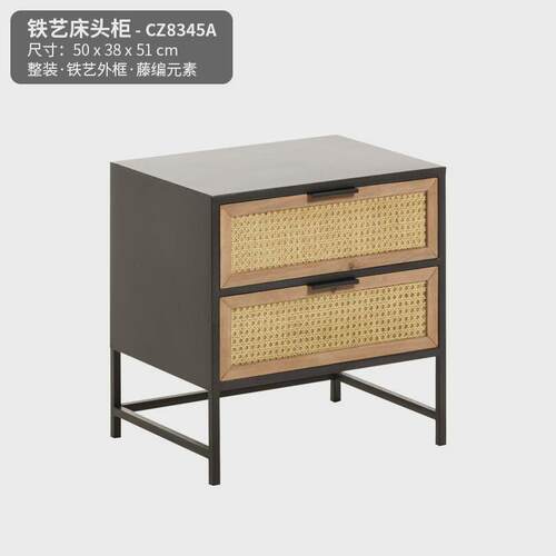 c！loft铁艺床头柜双层复古工业风美式藤编小型储物柜卧室沙发边