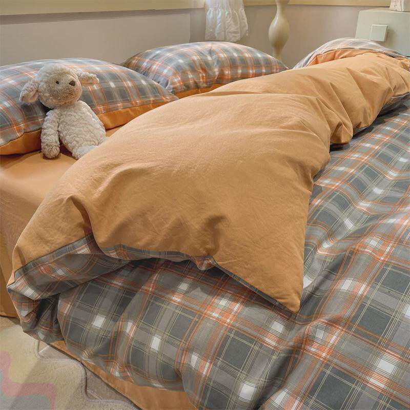 优质水洗棉床笠四件套简约格子印花被套单人学生宿舍床单式三件套