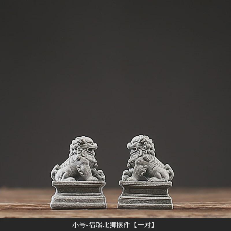 w~新中式砂石石雕狮子一对青石头中国风创意鱼缸盆景造景装饰品摆