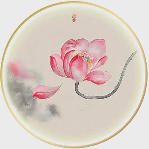 新中式禅意圆形LED带灯荷花挂画玄关莲花发光装饰画茶室走廊壁画