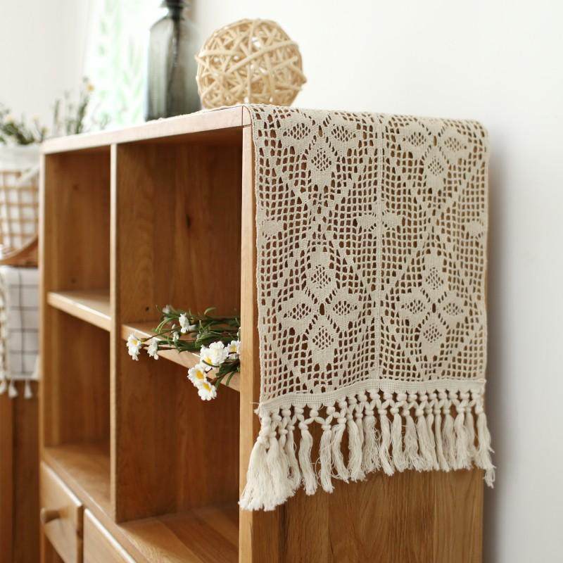 批发美式乡村流苏复古桌旗桌布装饰棉线钩针盖柜茶几巾文艺拍摄背