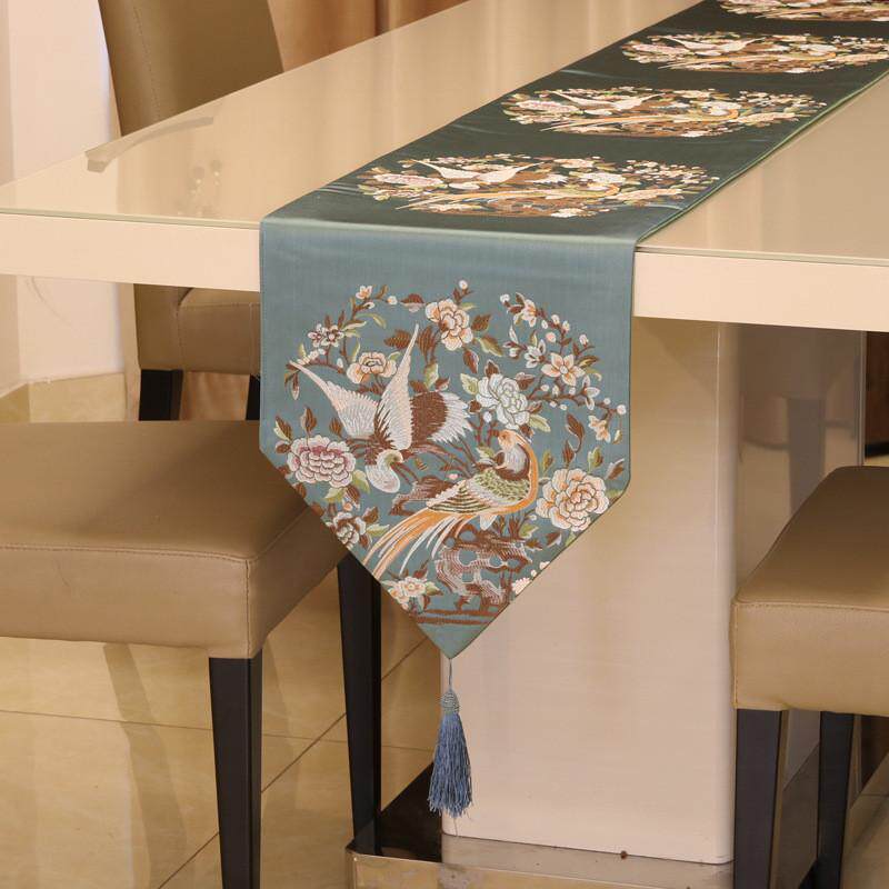 容禾新中式高雅日鸟语花香绣花桌旗奢华现代锦缎韩式茶几餐桌