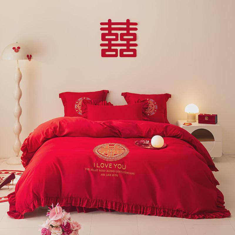 gz6m大红水洗棉简约蕾丝裙床品婚庆四件套结婚礼新婚房床喜庆被套