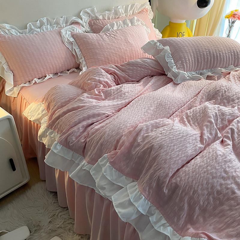 ins风双层花边泡泡纱奶油纯色四件套公主风高级感纯色床上四件套