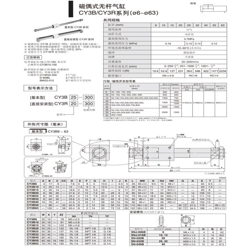 smc无杆磁偶式气缸无杆气缸机械式长行程带导轨CY1R/CY3R32-X500