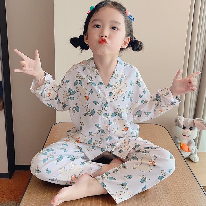 宝宝绵绸睡衣男女婴儿童家居服空调薄小孩人造棉绸套装长袖开衫夏