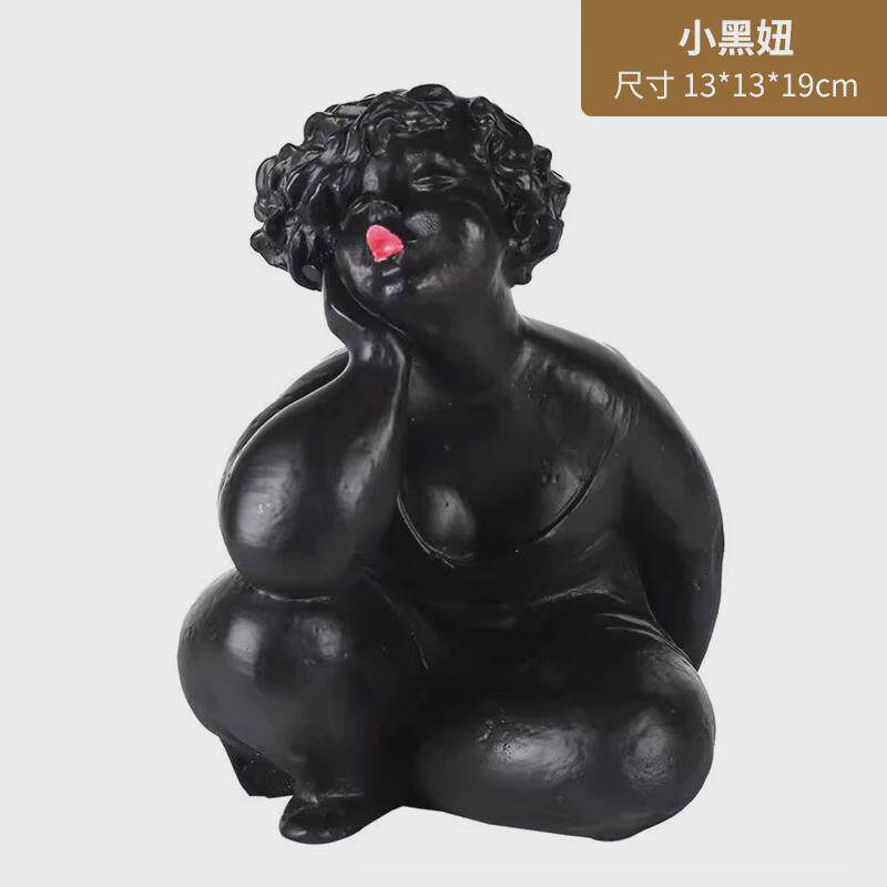 样板黑色胖女孩人物摆件展示厅简约手工房间创意装饰品树脂