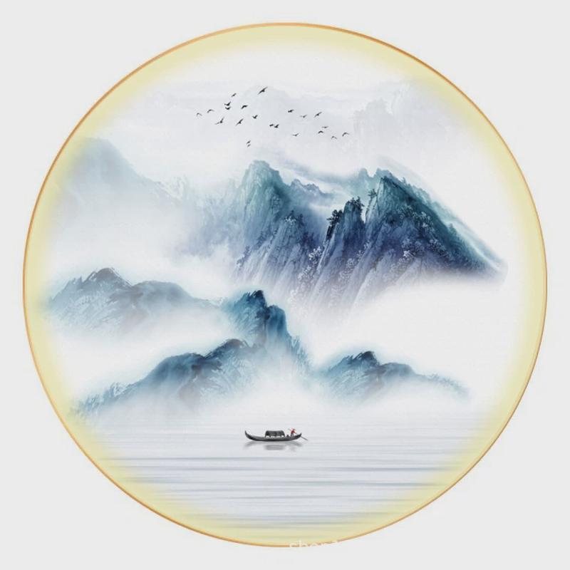 走廊led带灯入户玄关装饰画新中式山水茶室书房挂画过道圆形壁画