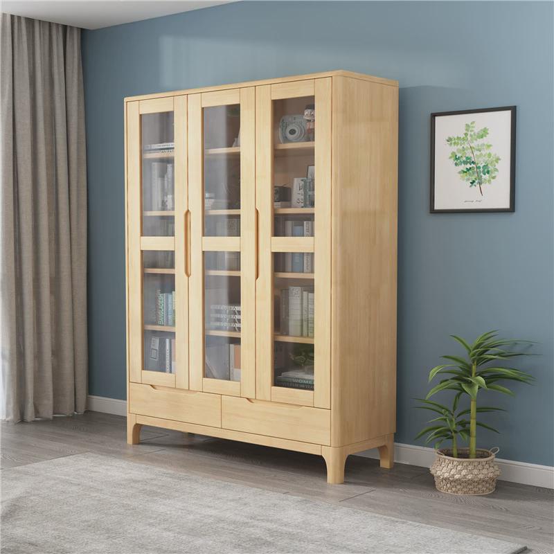 北欧柜子书柜五门六门现代简约书橱玻璃门展示书架落地置物全实木