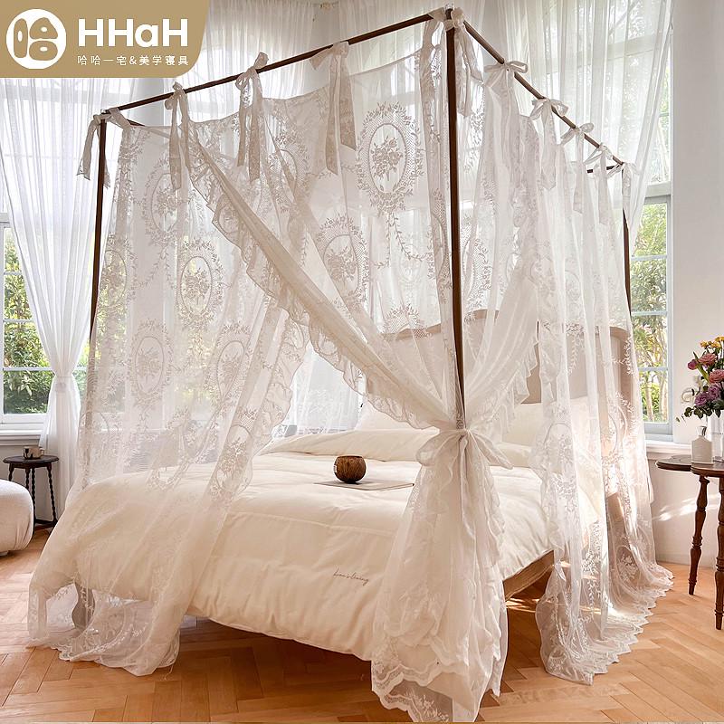 热销ll2024新款蚊帐卧室白色蕾丝法式宫廷落地式轻床幔木纹支架三