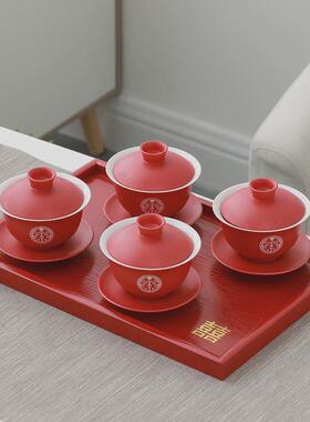 结婚敬茶杯喜碗对碗套装新人改口一对红色盖碗婚庆用品代销厂家热