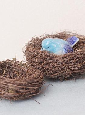 编织鸟巢草编鸟窝鸟笼装饰摆件仿真鸟蛋拍照道具幼儿园庭院工艺品