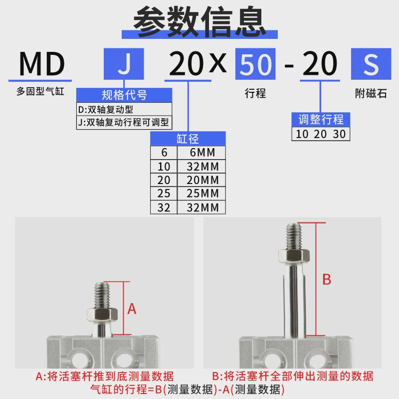 热销小型气动MDJ10可调行程MDD16气缸CDUW20/25/32-10X30X50X60X7