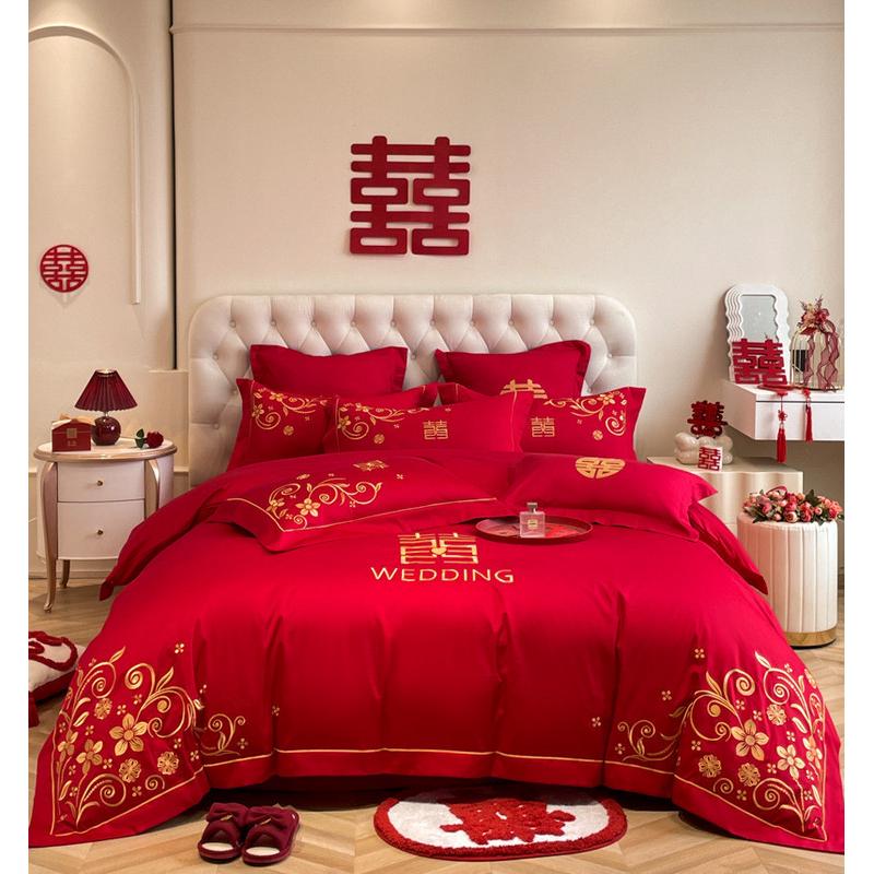 简约中式婚庆四件套大红色刺绣龙凤喜被婚房床单被套结婚床上用品
