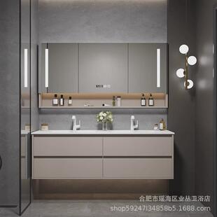 现代简约岩板热卫生间一体盆浴室柜组合智能实木定制弯洗脸洗漱台