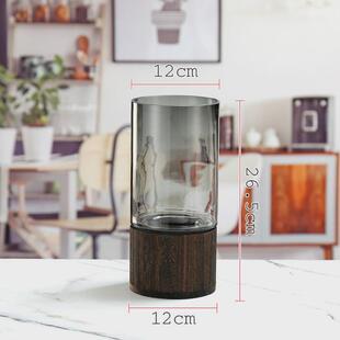 现代简约木底透明玻璃花瓶木座圆柱富贵竹装饰品水养插花干花摆件