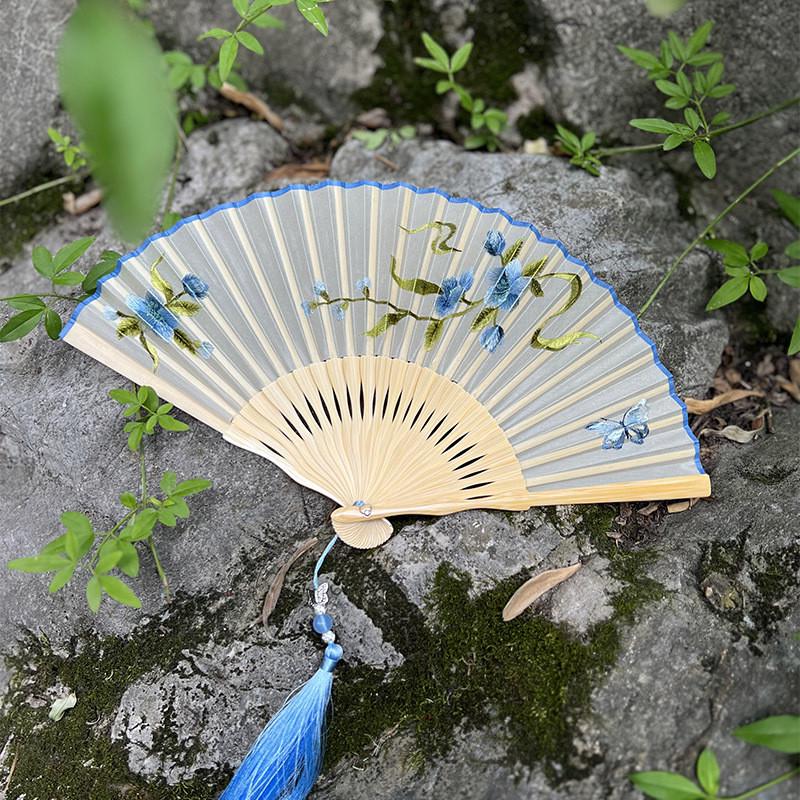 苏州刺绣折扇古风旗袍团扇玉竹真丝中国风丝绸折叠小扇子苏绣