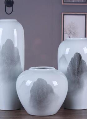 景德镇花瓶山水画三件套白色中式水墨陶瓷摆件新中式陶瓷工艺品