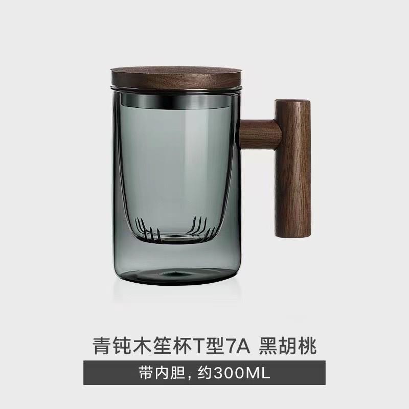 围炉煮茶玻璃水杯套装办公室喝茶三件杯木把带盖烟灰色玻璃泡茶壶
