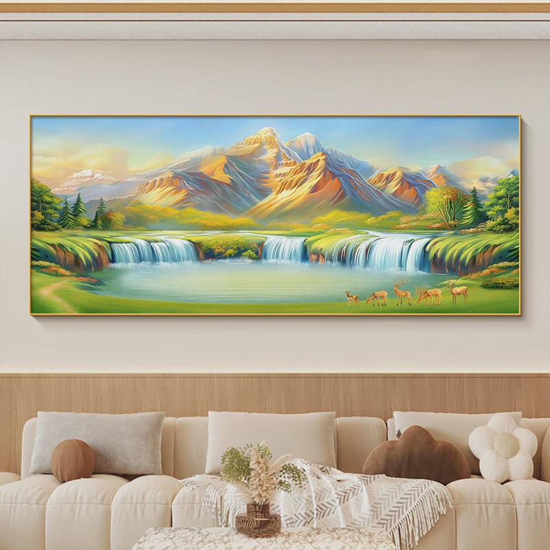 沙发山水画画靠山图背景墙客厅金山新款装饰画西墙2024聚宝盆聚财