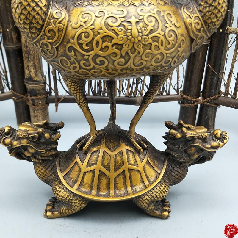 黄铜仿古摆件古玩收藏龙龟鹤香炉居家装饰龟鹤延年贺寿送礼