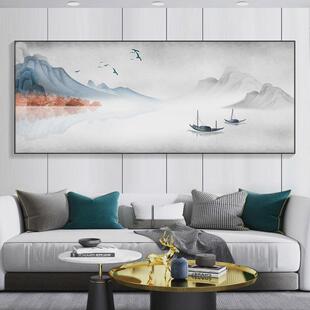 新中式客厅装饰画山水画水墨风景壁画茶室整幅大尺寸横版背景挂画