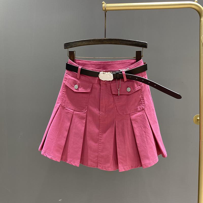 设计感百褶牛仔女夏天玫红色口袋设计防走光A字子ins潮