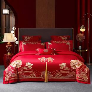 九喜狐婚庆家纺婚刺绣四件套备长绒棉喜被结婚床上用品全棉十件套