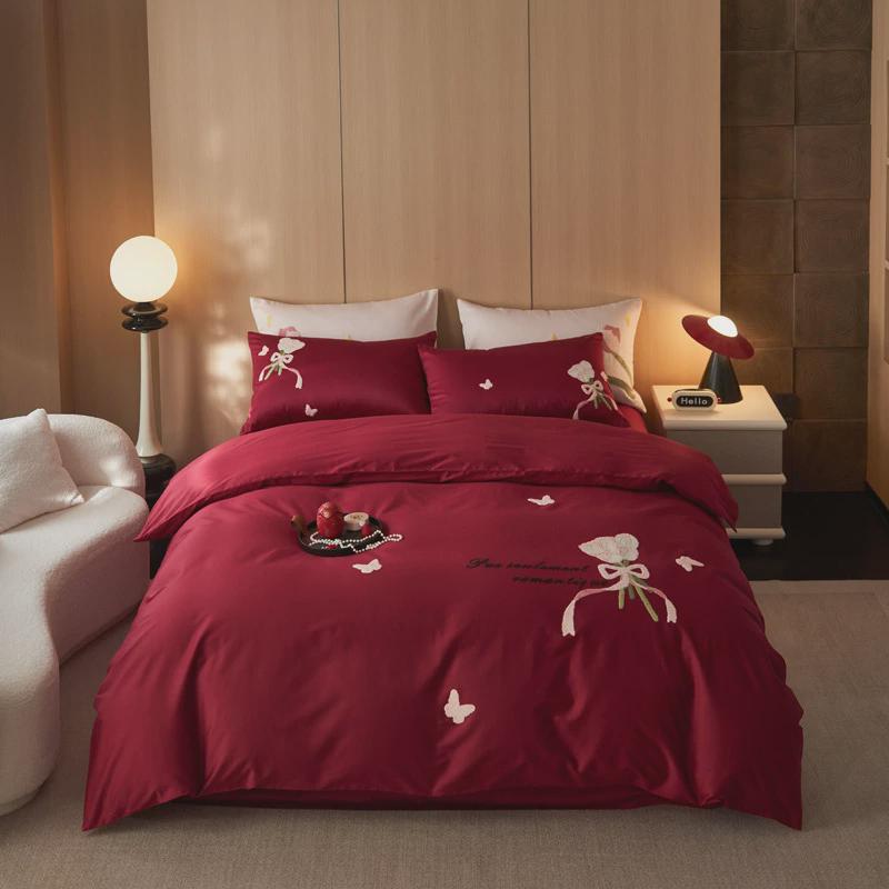 舒尊客||婚庆高奢100s喜庆磨毛四件套秋冬季刺绣红色结婚全棉被套