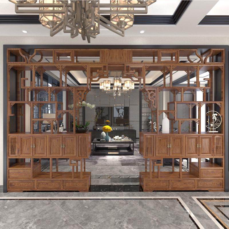 定制仿古伸缩月洞门隔断玄关客厅背景中式古董博古架实木月亮圆门