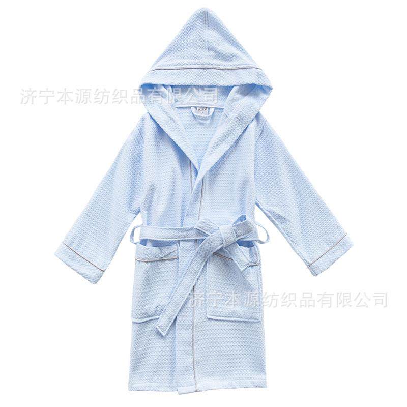 四季纯棉儿童蜂巢华夫格浴袍家居服浴袍吸水连帽游泳馆中大童加长