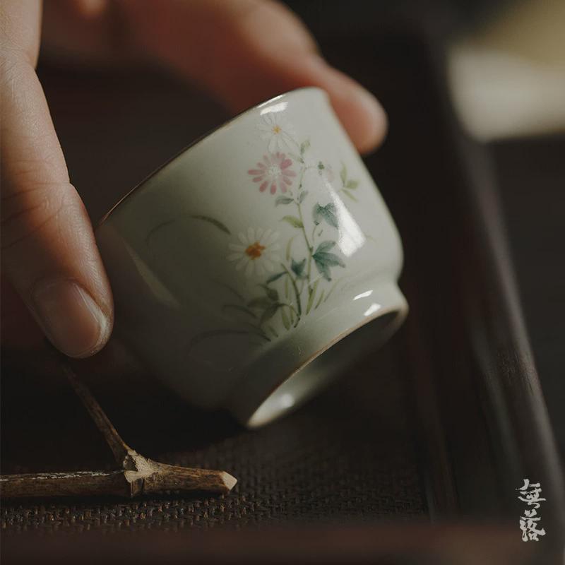 无落果青釉下粉彩功夫茶具雏菊知忆茶杯银口小品杯手绘单杯