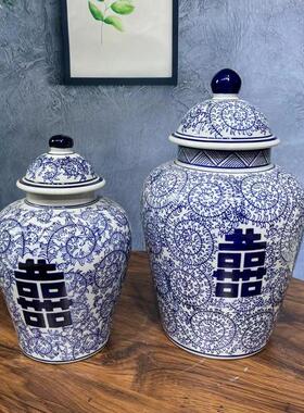 陶瓷青花瓷花瓶装饰花瓶摆件家居客厅插花电视柜青花瓷将军罐摆设