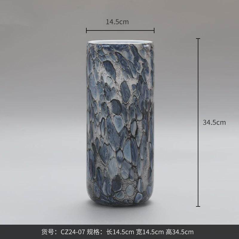 博西蓝色家居大理石鹅卵石直筒柱状水培玻璃花瓶家居花器软装饰品