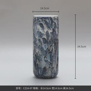 西博家居蓝色大理石鹅卵石直筒柱状水培玻璃花瓶家居花器软装饰品