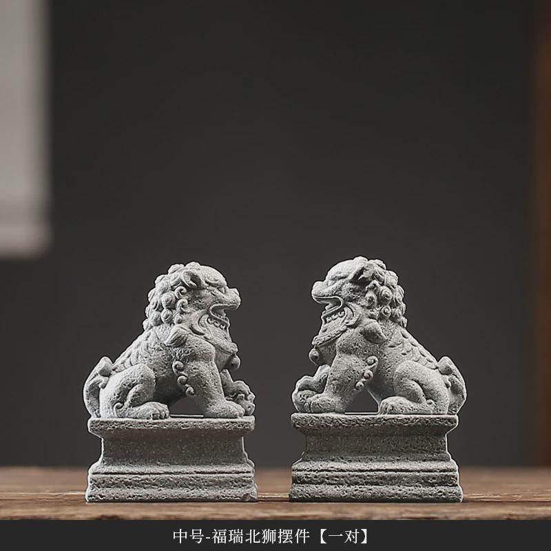 w~新中式砂石石雕狮子一对青石头中国风创意鱼缸盆景造景装饰品摆