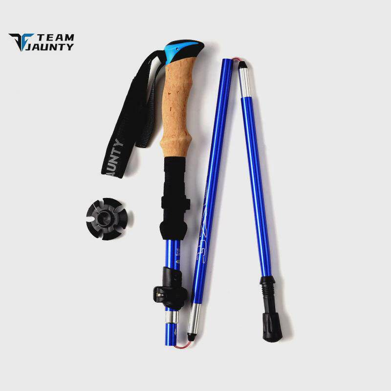 跨境热销五节伸缩折叠登山杖EVA仿软木直柄轻便户外徒步合金手杖