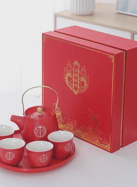 结婚敬茶杯喜碗对碗套装新人改口一对红色盖碗婚庆用品代销厂家热
