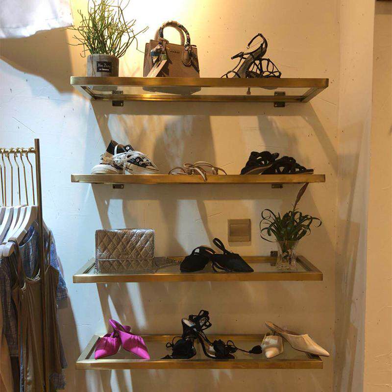 服装店鞋包展示架置物架不锈钢金色多层上墙壁挂式鞋架包包陈列架