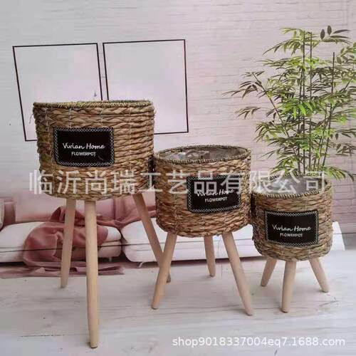 北欧风格创意落地式草编花篮木质高花架藤编室内客厅装饰绿萝花盆