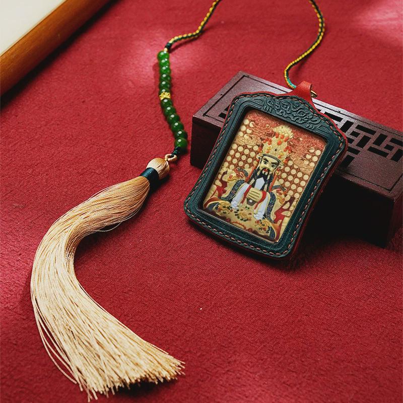 热销新非遗五爷铜雕立体唐卡吊坠车挂文殊鎏金皮壳唐卡包挂汽车挂
