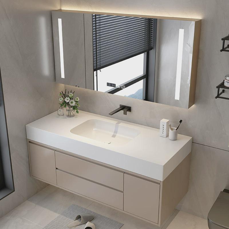 可丽耐一体盆浴室柜组合台盆柜风设计师挂墙式实木洗脸洗手奶油