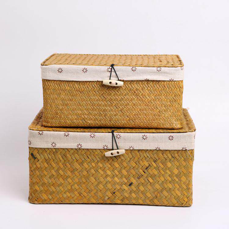 y0ez批发海草编带盖内收纳筐复古手工藤编收纳盒多格储物筐首