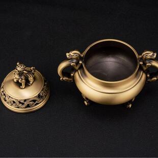 中式黄铜香炉象足龙凤狻猊带盖铜香炉双龙家用摆件三工艺品足鼎