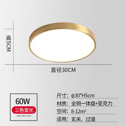 全铜led吸顶灯圆形灯具网红现代简约卧室灯灯全铜三色变光灯