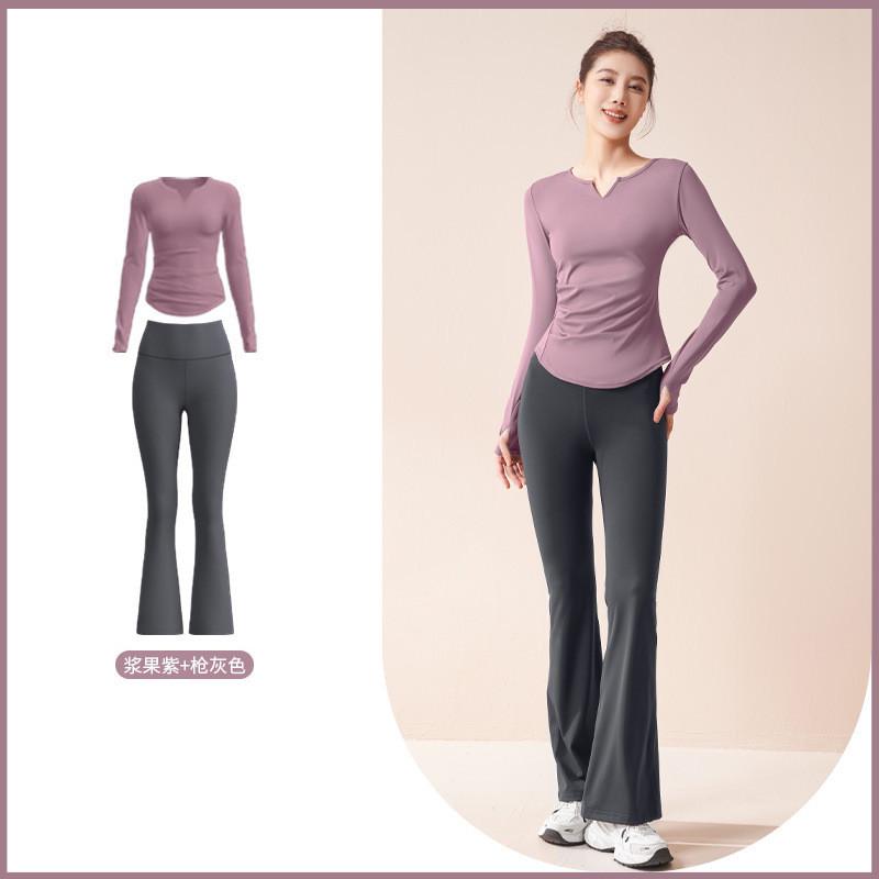 聚衣堂秋季v领瑜伽服套装健身套装女褶皱修身显瘦长款四面弹