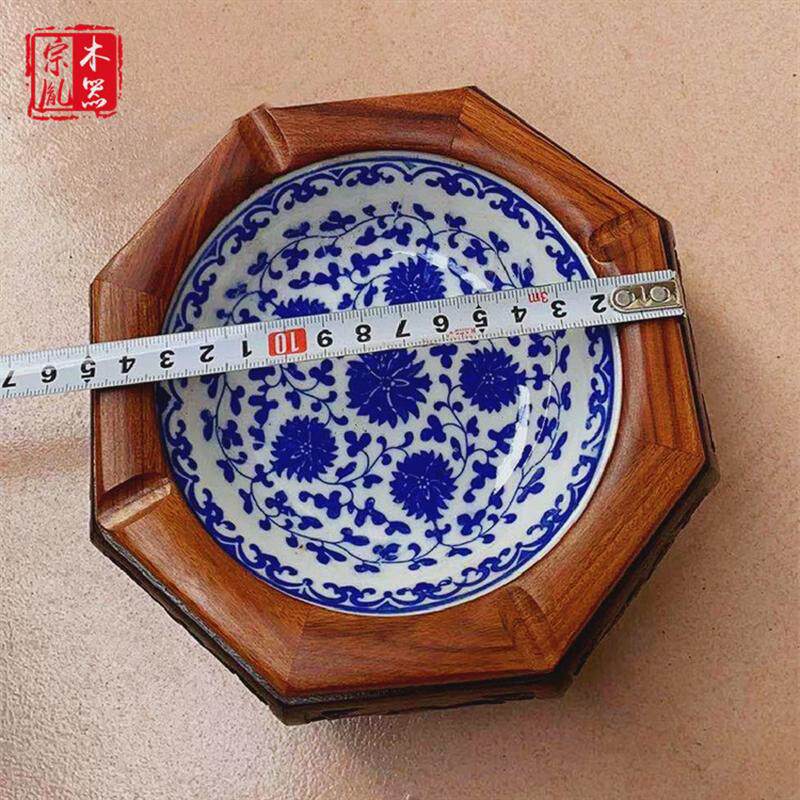 红木黑檀木质装饰花梨木工艺品烟灰缸摆件青花瓷龙图案创意家用