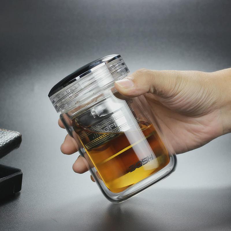 高档圆润水晶盖双层玻璃杯透明水杯子办公泡茶矮胖家用便携防漏男